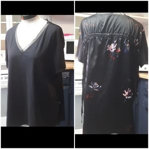 Womens Blouse Plus sz 1x Black Blouse Flowers AVA VIV Detailed Back Short Sleeve